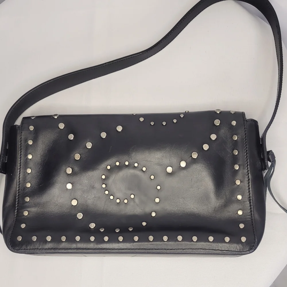 BCBG Max Azria Studded Leather Shoulder Bag Black Studded Flap Purse Y2K Style - Picture 8 of 11